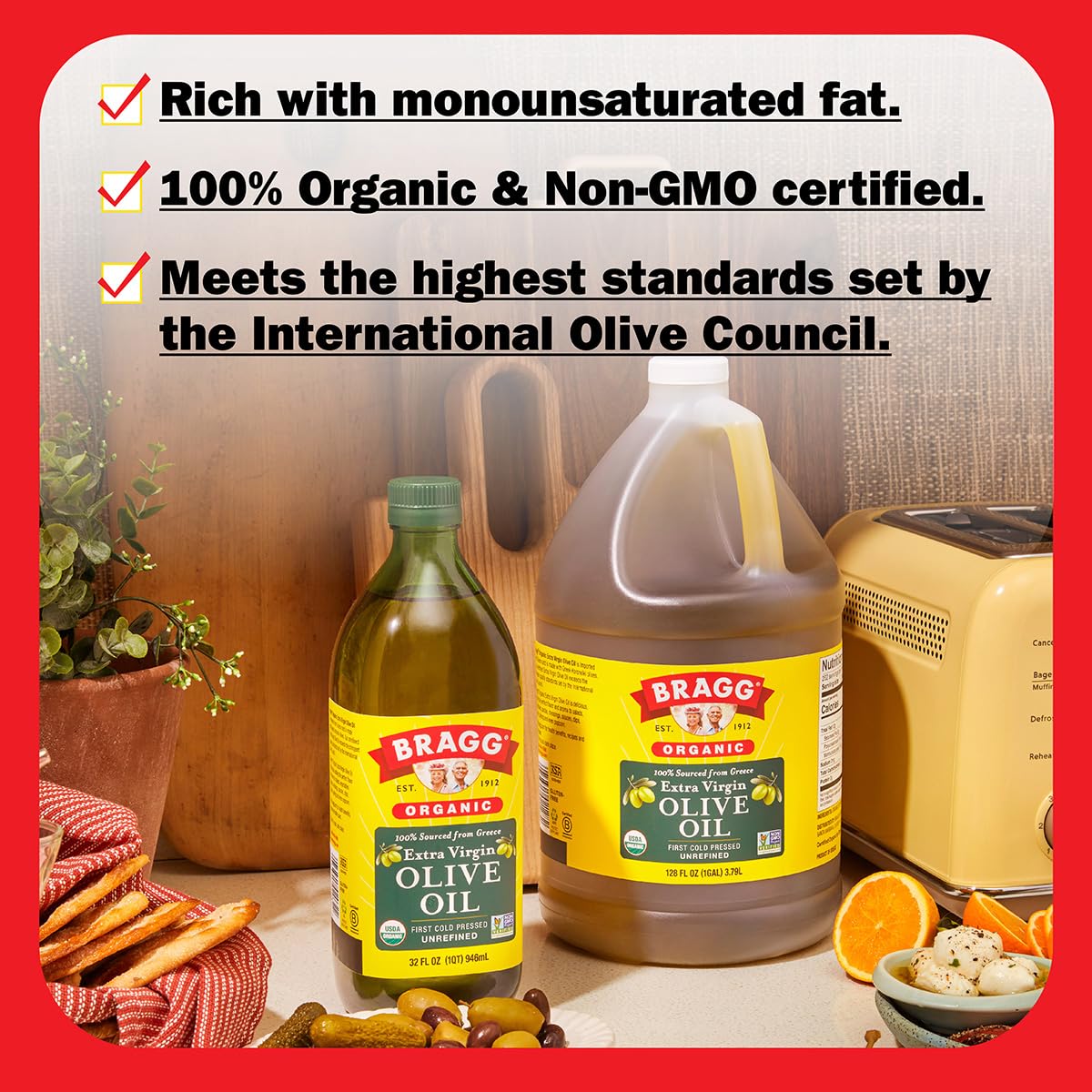Bragg Organic Extra Virgin Olive Oil - Made with Greek Koroneiki Olives - Cold Pressed EVOO for Marinades & Vinaigrettes - USDA Certified, Non-GMO