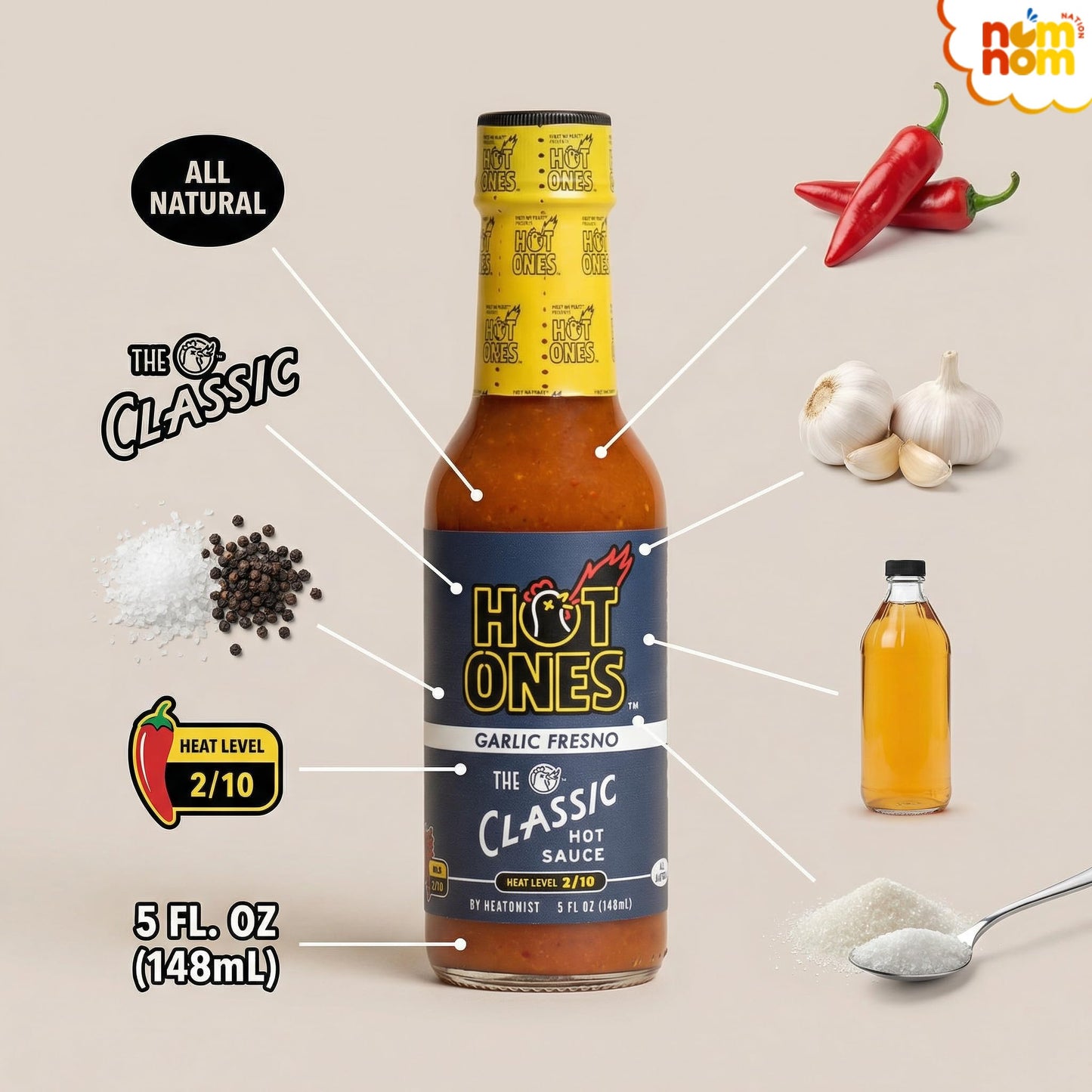 Hot Ones Sauce Hot Classic Garlic Fresno - 5 oz Bottles - Pack of 2 - Hot Sauce for Wings, Tacos, Pizza and More - Versatile Asian Sauce Heat Level