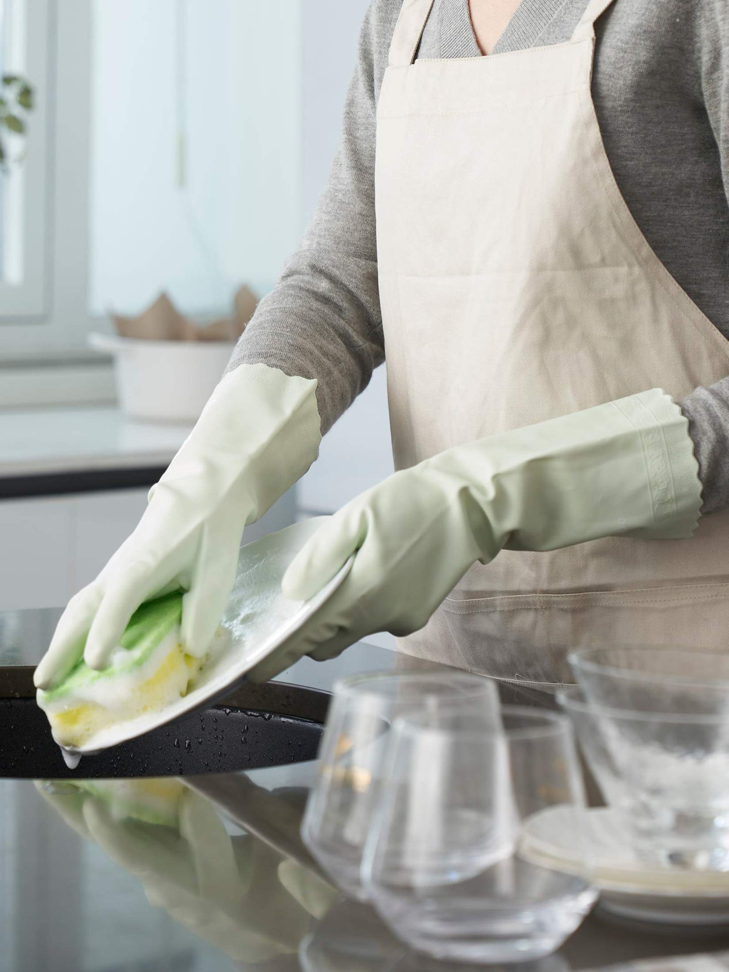 LANON wahoo Skin-Friendly Cleaning Gloves, Dishwashing Kitchen Gloves with Cotton Flocked Liner, Reusable, Non-Slip, Canary Green, Large
