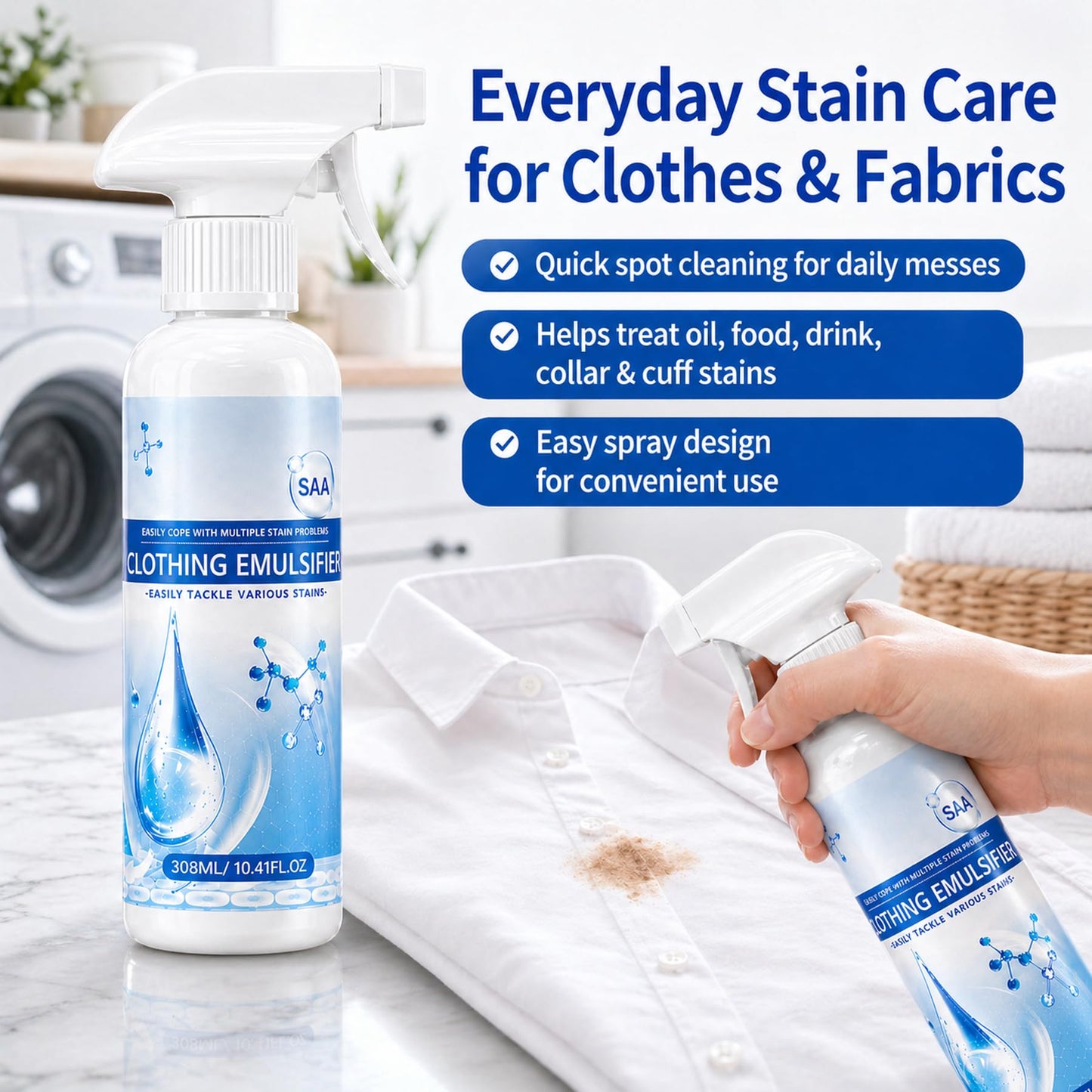 Non-Ionic Clothing Emulsifier Stain Remover Spray, Laundry Spot Cleaner for Clothes & Fabric, Portable Fabric Cleaner for Oil, Food, Collar & Cuff
