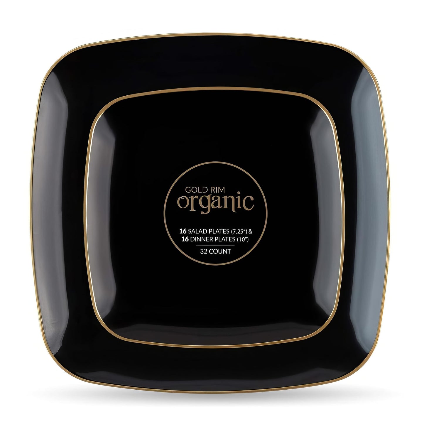 Blue Sky Organic Black Square Plates Combo (32 Count) | Premium Plastic Plates: 7.25" & 10" | Gold-Rimmed Disposable Dinnerware Party Essentials