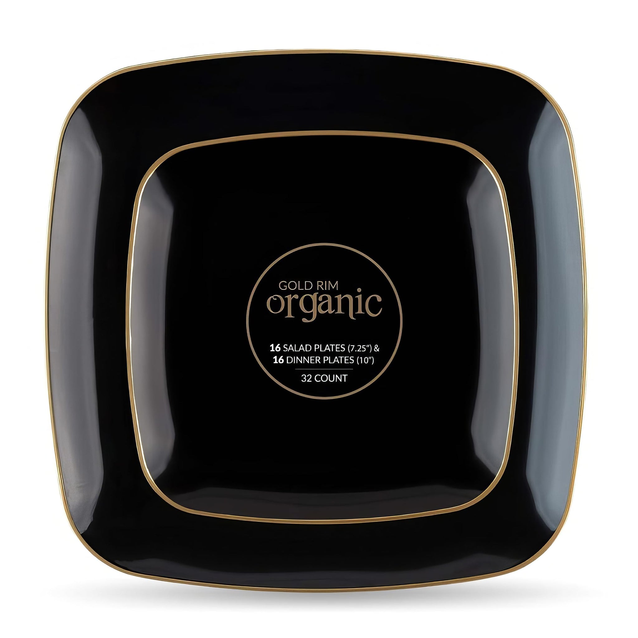 Blue Sky Organic Black Square Plates Combo (32 Count) | Premium Plastic Plates: 7.25" & 10" | Gold-Rimmed Disposable Dinnerware Party Essentials