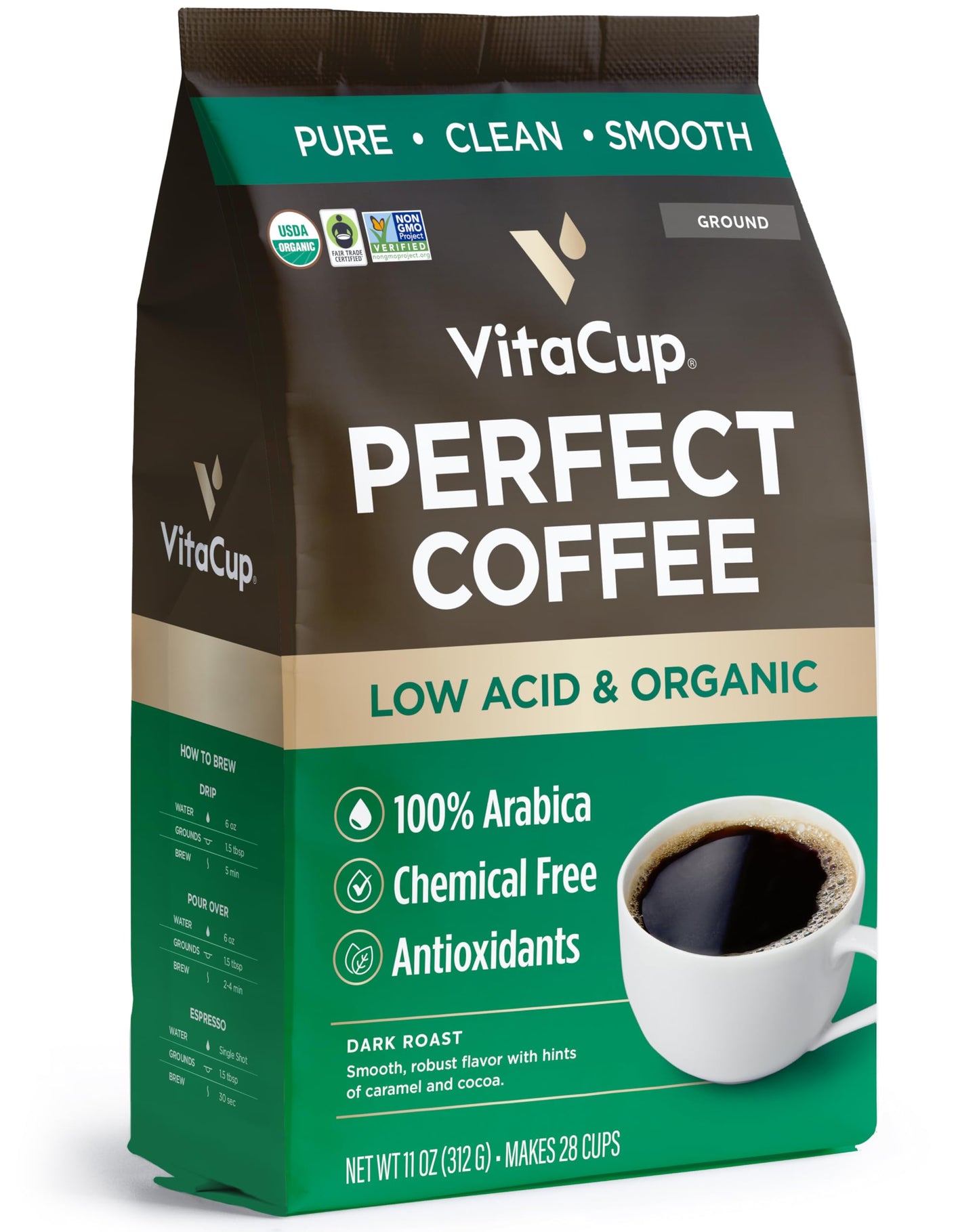 VitaCup Perfect Low Acid Coffee Ground, USDA Organic & Fair Trade, Mycotoxin Free, Dark Roast Guatemala Single Origin, Clean & Pure for Drip Coffee