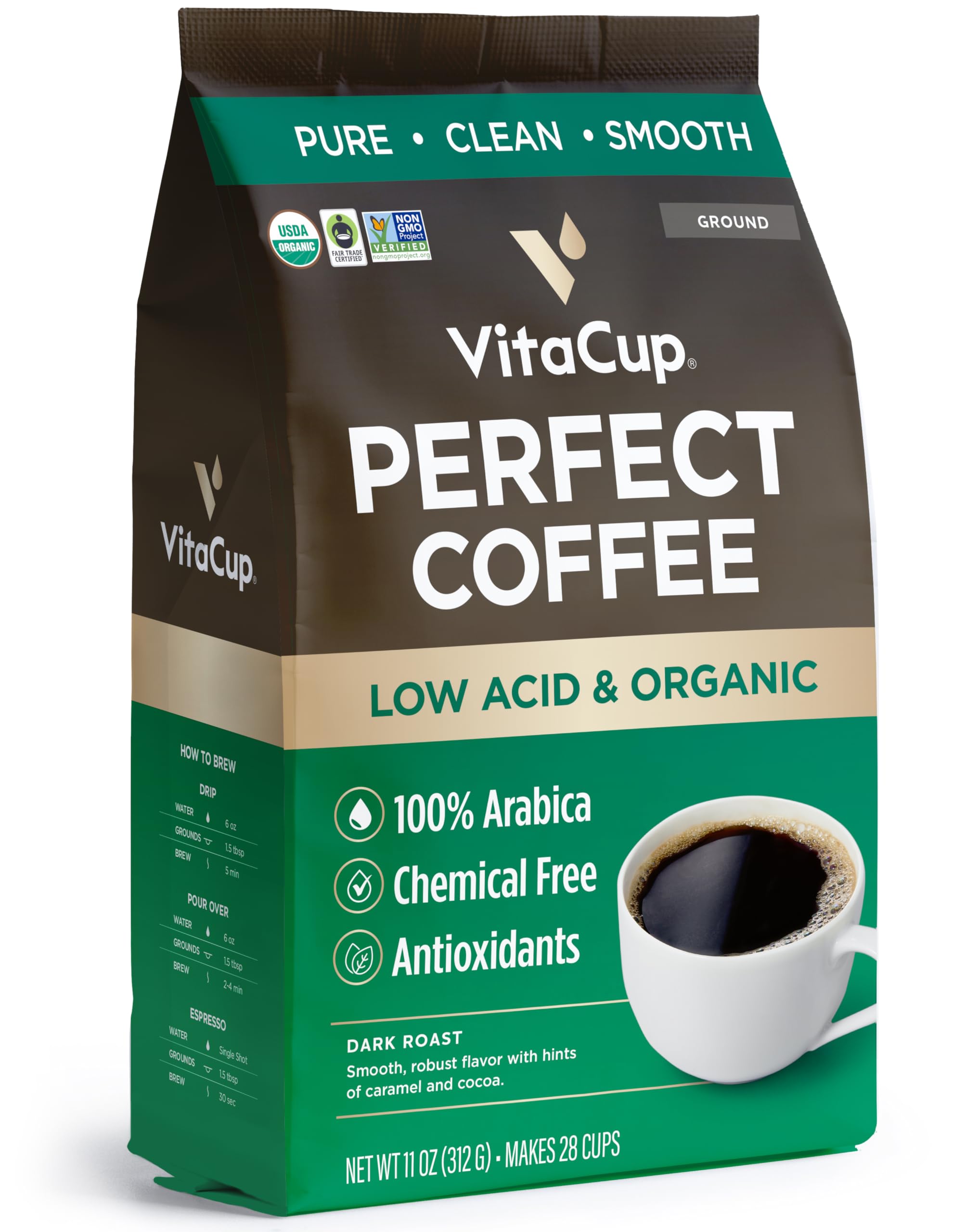 VitaCup Perfect Low Acid Coffee Ground, USDA Organic & Fair Trade, Mycotoxin Free, Dark Roast Guatemala Single Origin, Clean & Pure for Drip Coffee