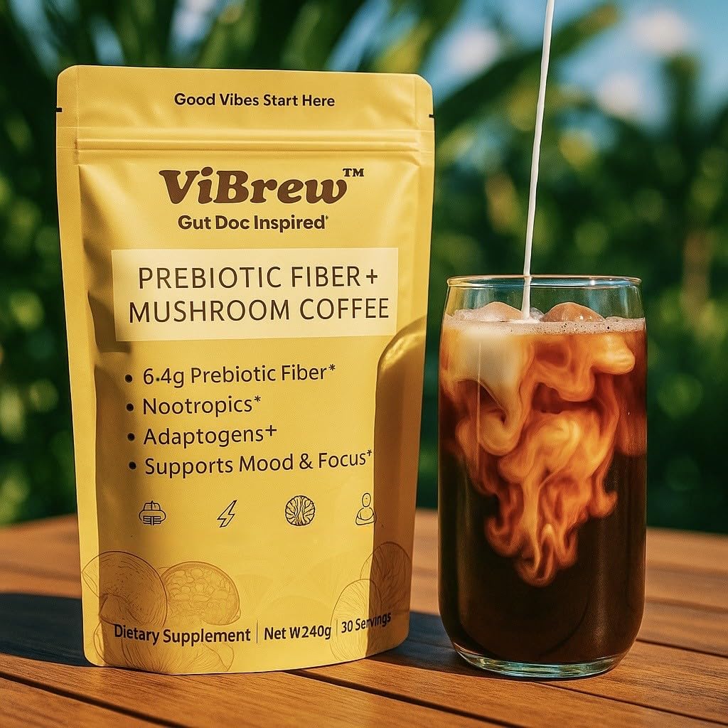 VIBREW GLP-1 Friendly Fiber Supplement- Prebiotic Fiber (6.4g) + Low-Caffeine Organic Arabica + Matcha + Mushrooms for Focus, Energy, Gut Health