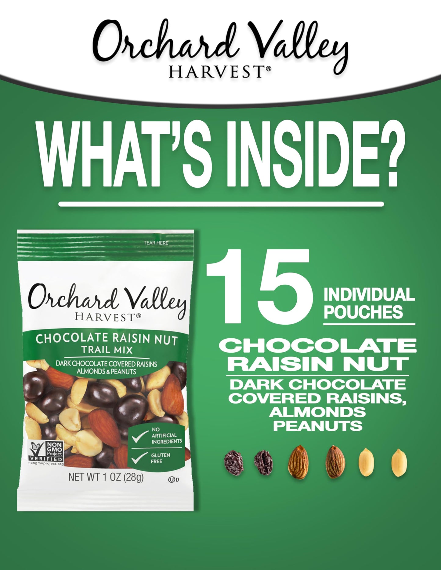 Orchard Valley Harvest Chocolate Raisin Nut Trail Mix, 1 Ounce Bags (Pack of 15), Dark Chocolate Covered Raisins, Almonds, and Peanuts, Trail Mix