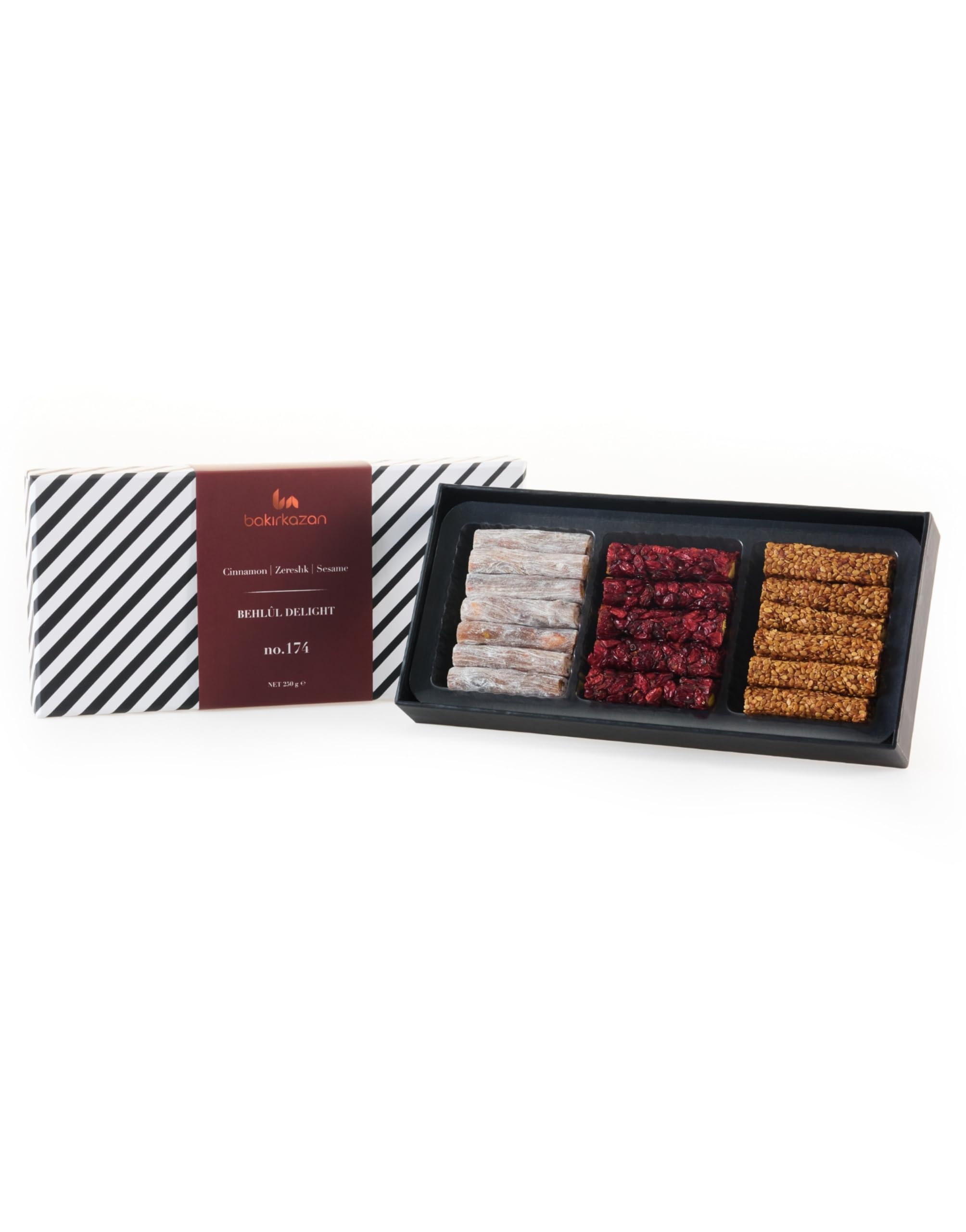 Turkish Delight Behlul by BAKIRKAZAN, Turkish Pistachios Twist Delights 36 piece Candy 8.8 oz, w/ 3 Flavors: Cinnamon, Zereshk, Sesame, Luxury Food