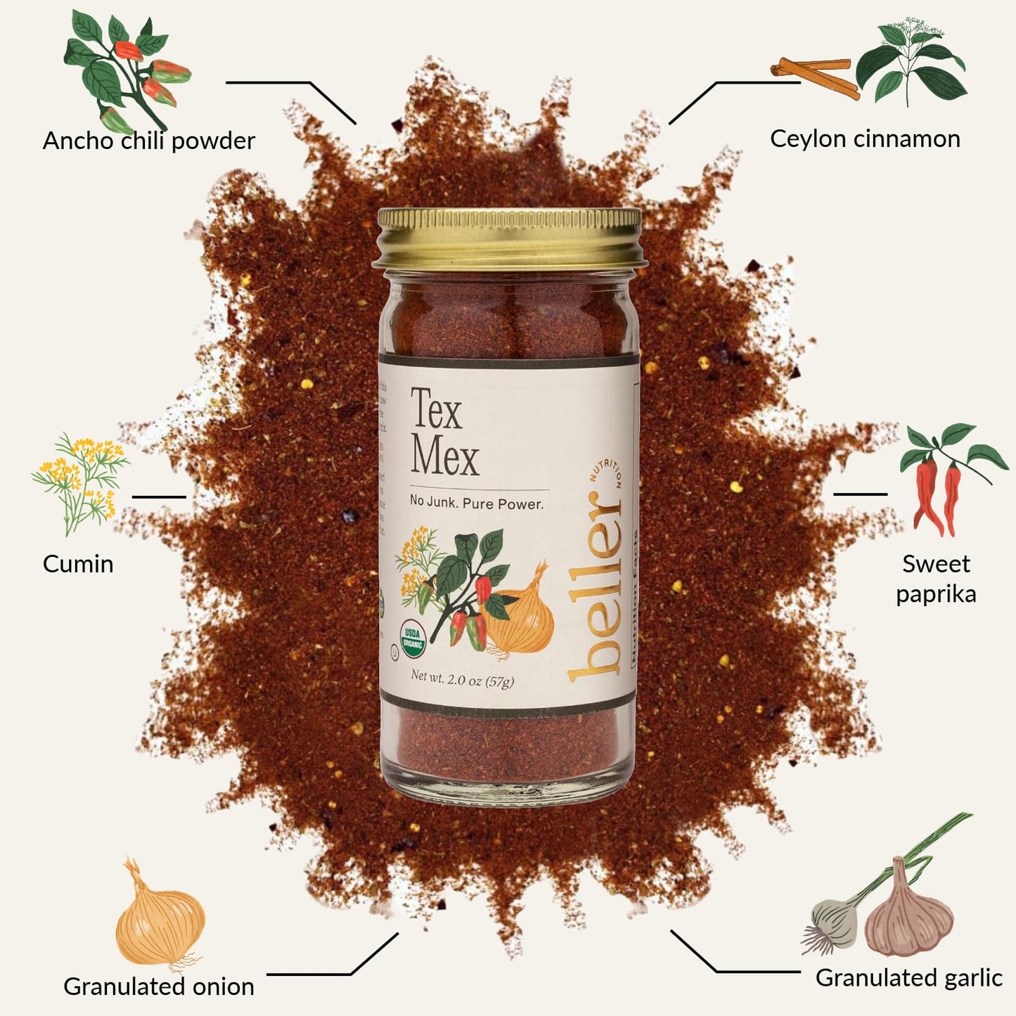 Beller Nutrition Tex Mex Organic Ancho Chili Powder Spice Blend Seasoning | 2 oz | Mexican Seasoning with Ground Ancho Powder, Paprika, Cumin, Ceylon