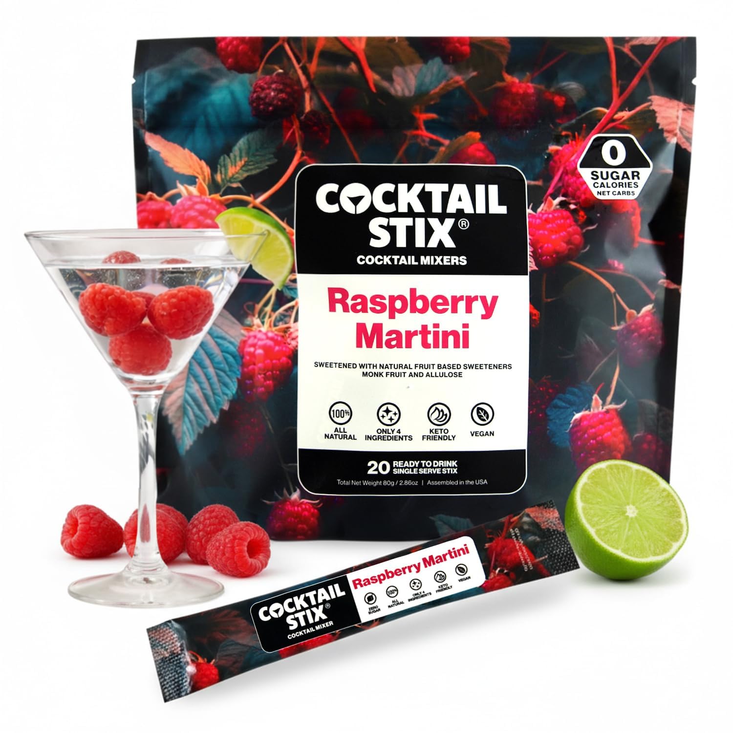 Cocktail Stix Zero Sugar Raspberry Martini Mixer - Cocktail & Mocktail Drink Mixer - Skinny Mixes - Water Flavoring Packets - Vegan - No Calories, No