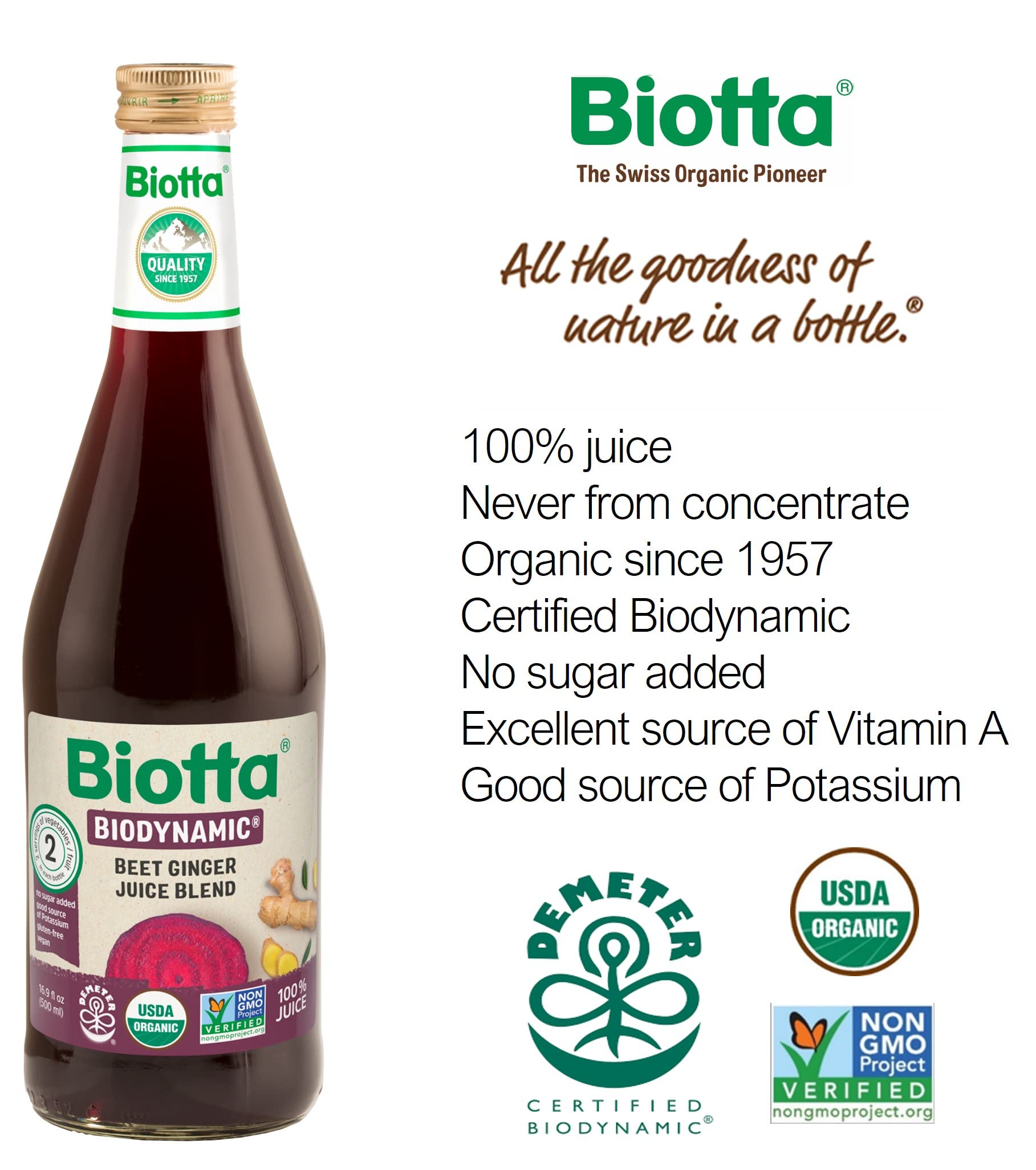 Biotta Organic Beet Ginger Juice - 100% Vegetable Juice for Energy, Immunity & Wellness - Excellent Source of Nutrients - All Natural, Non-GMO