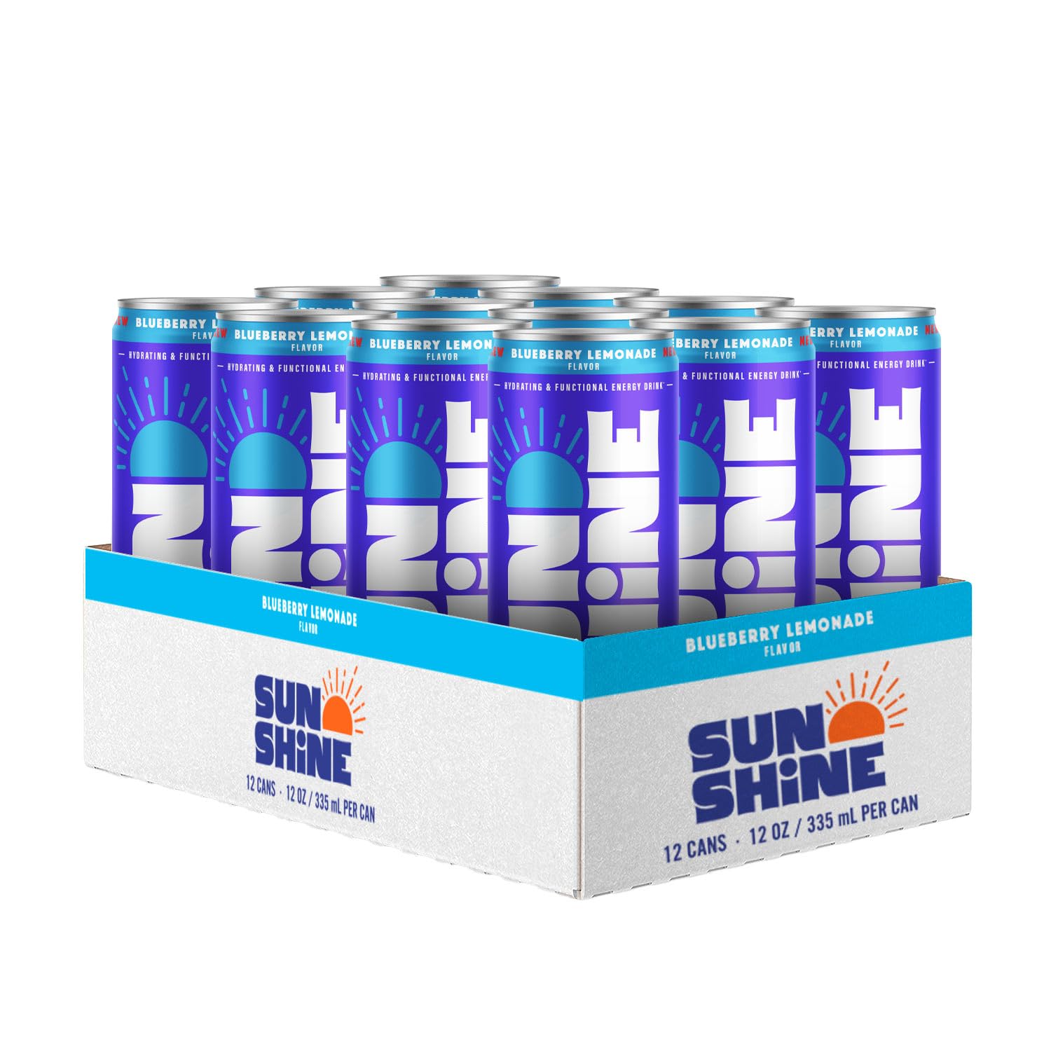 Sunshine Sparkling Energy Drink, Blueberry Lemonade with Daily Essential Vitamins, 360mg of Electrolytes, 70mg of Natural Caffeine, 12 Fl Oz (Pack