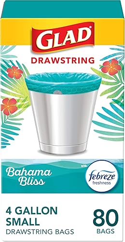 Glad Small Trash Bags 4 Gallon, Febreze Bahama Bliss Garbage Bags, Odor Resistant with Drawstring, 80 Count