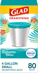 Glad Small Trash Bags 4 Gallon, Febreze Bahama Bliss Garbage Bags, Odor Resistant with Drawstring, 80 Count