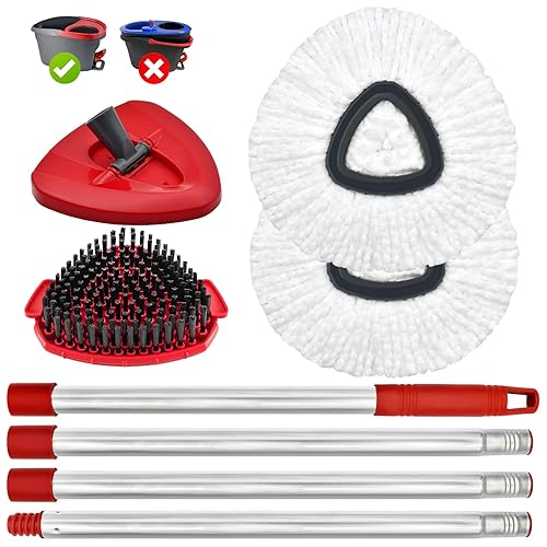 Spin Mop Handle, Mop Replacement Head,Brush,Base Compatible with OCedar EasyWring 1 Tank,2 Microfiber Mop Refills,1 Mop Base,1 Brush and 30-58" Mop