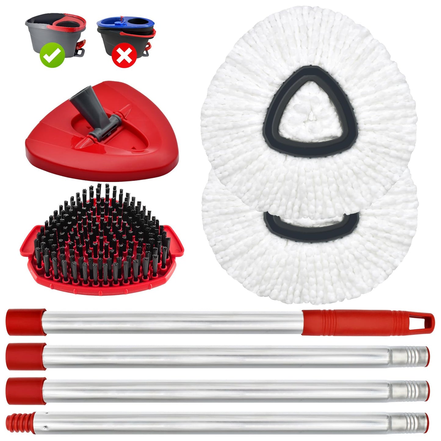 Spin Mop Handle, Mop Replacement Head,Brush,Base Compatible with OCedar EasyWring 1 Tank,2 Microfiber Mop Refills,1 Mop Base,1 Brush and 30-58" Mop