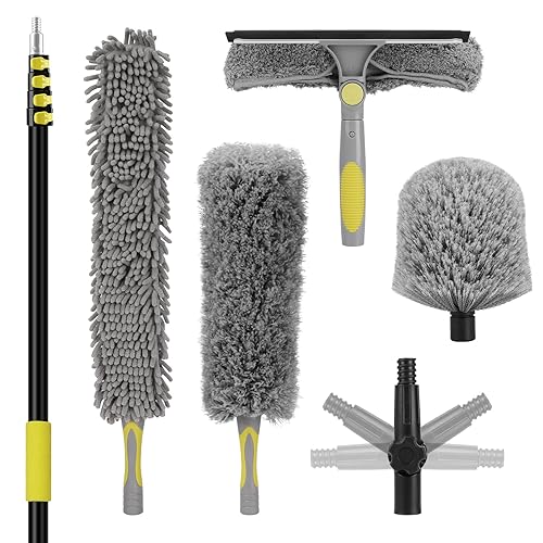 20FT High Ceiling Duster Kits with 3-12 Ft Extension Pole, Fan Blade Cleaner, Cobweb Duster, Window Squeegee Kit, Spider Web Brush for High Window