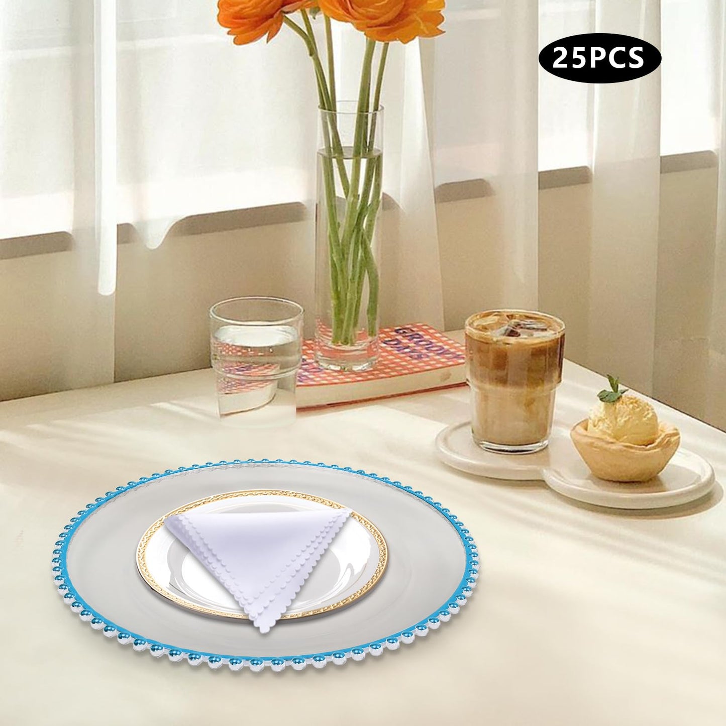 Tiozuiu 25PCS Plastic Paper Plates Set for Party, Clear Charges Plates Desechables Elegant for Dinner, 12.6Inch Wedding Plastic Plates for Event