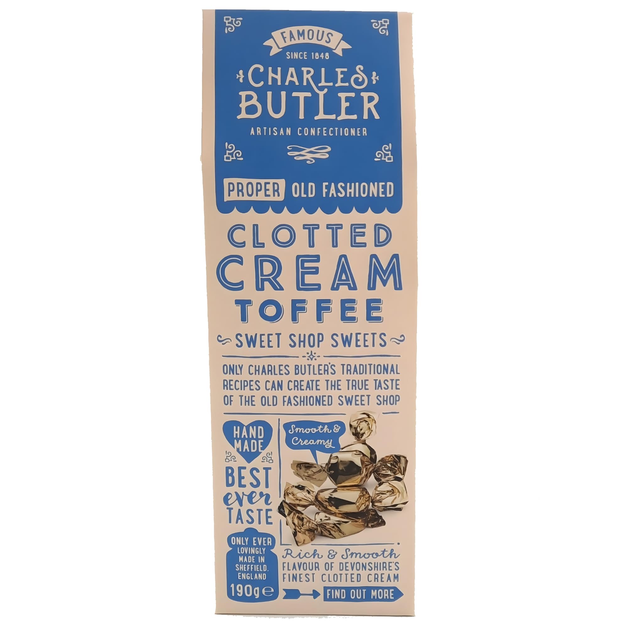 Charles Butler Clotted Cream Toffees 190g (6.7oz) | Handmade English Creamy Toffee Candy Individually Wrapped | Old-Fashioned British Sweets Gift Box