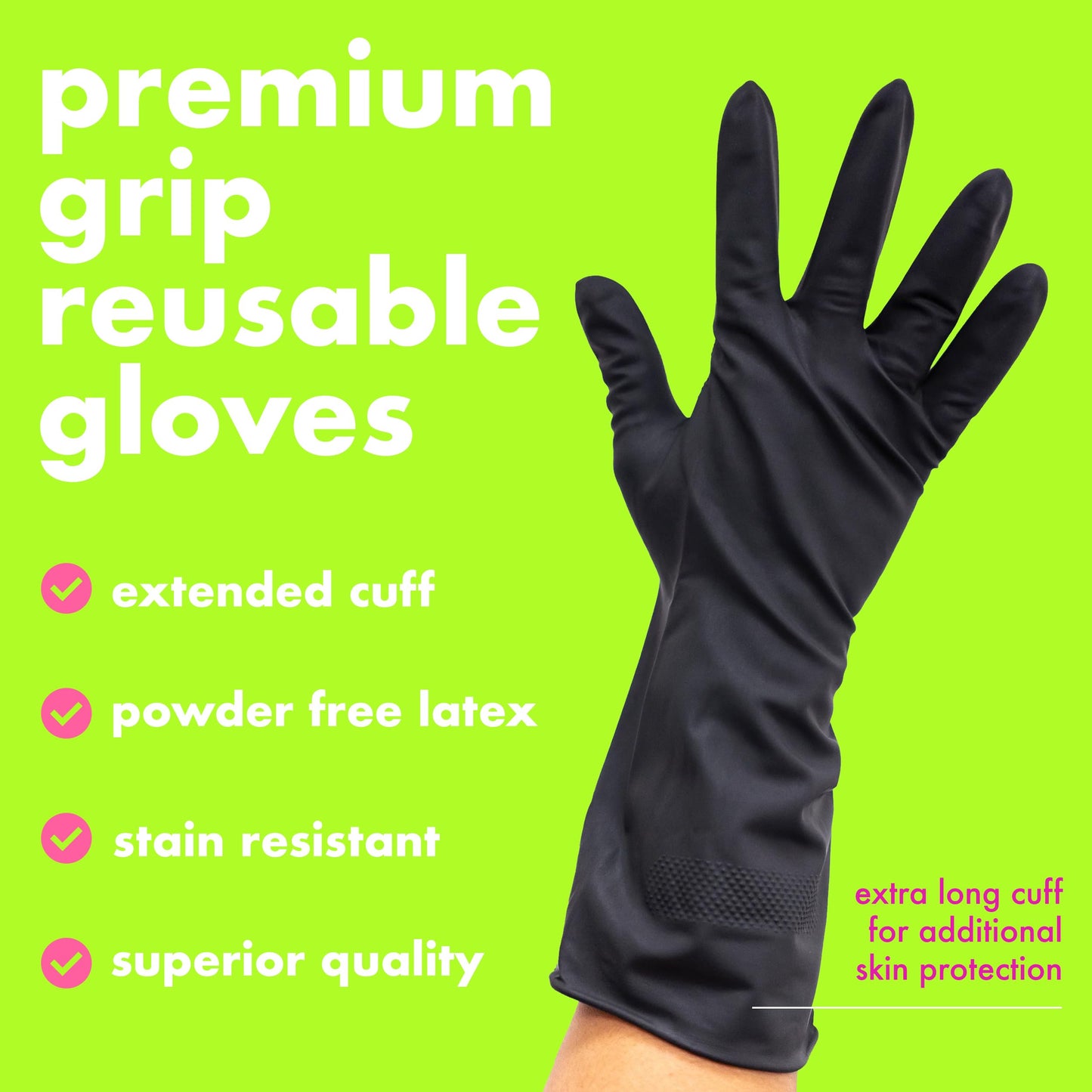 Colortrak Reusable Latex Salon Gloves, Black, Powder-Free Textured Grip Hair Color Gloves for Chemical Processing & Salon Services, Long Cuff, 20