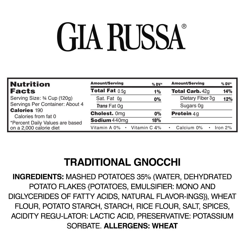 Gia Russa Gnocchi with Potato - Potato Gnocchi, Traditional Italian Potato Gnocchi, Vegan Pasta, Kosher Friendly, Product of Italy, Italian Food