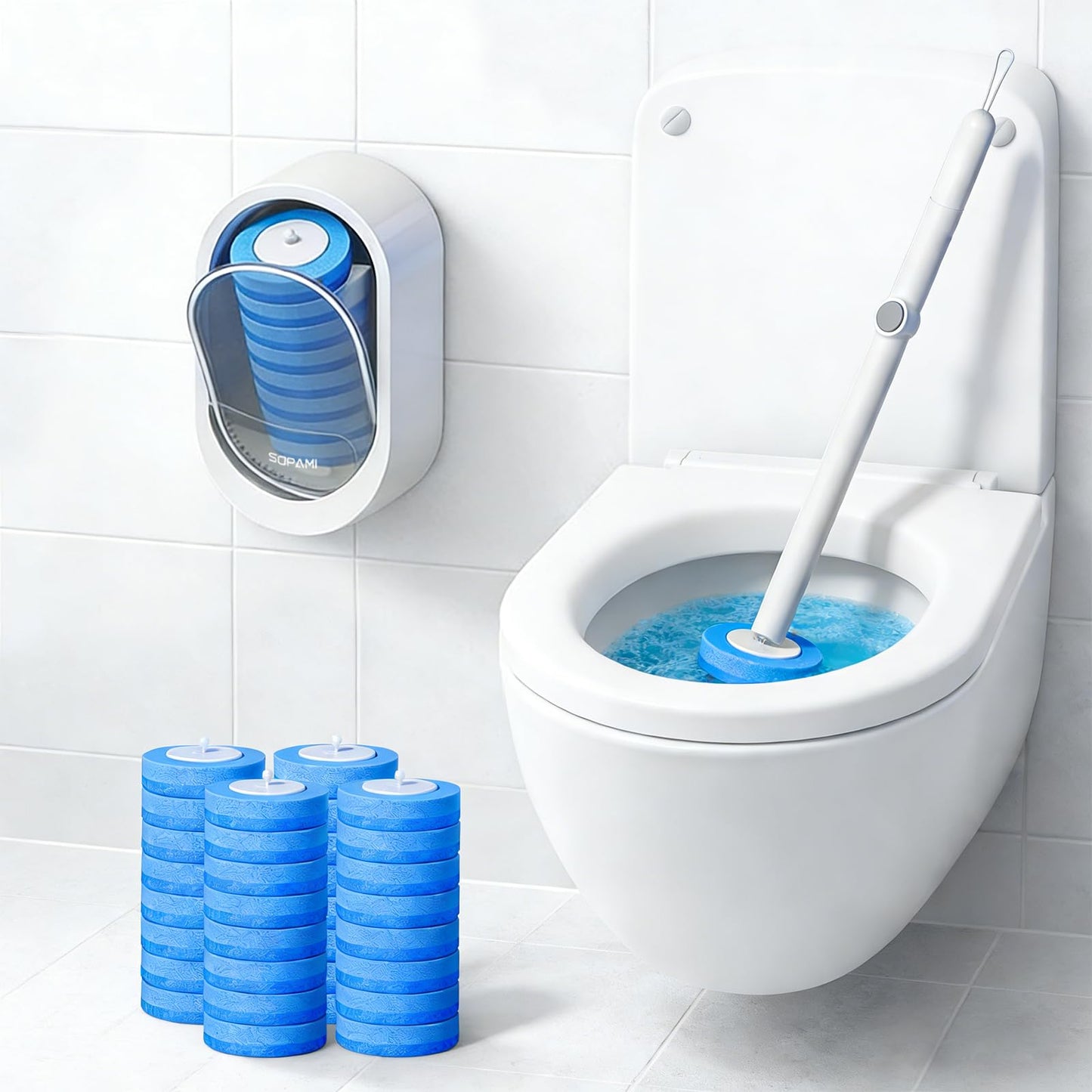 SOPAMI Disposable Toilet Cleaning System - Toilet Wand Kit with 32 High-Performance Refills, Wall Mounted Toilet Brush and Holder for Deep Cleaning