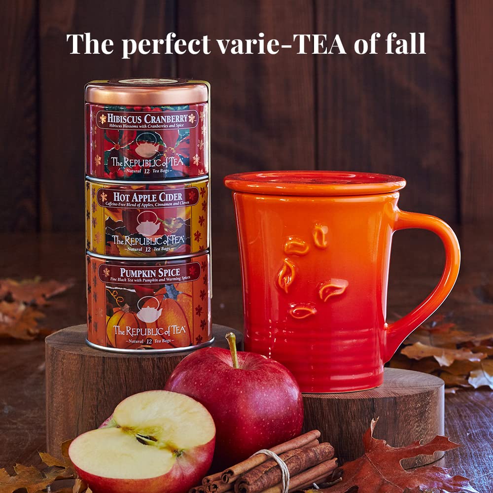 The Republic of Tea - Harvest Stackable Tea Tin, 36 Tea Bags, Hibiscus Cranberry Herb, Hot Apple Cider Herb, and Pumpkin Spice Black, Gluten Free