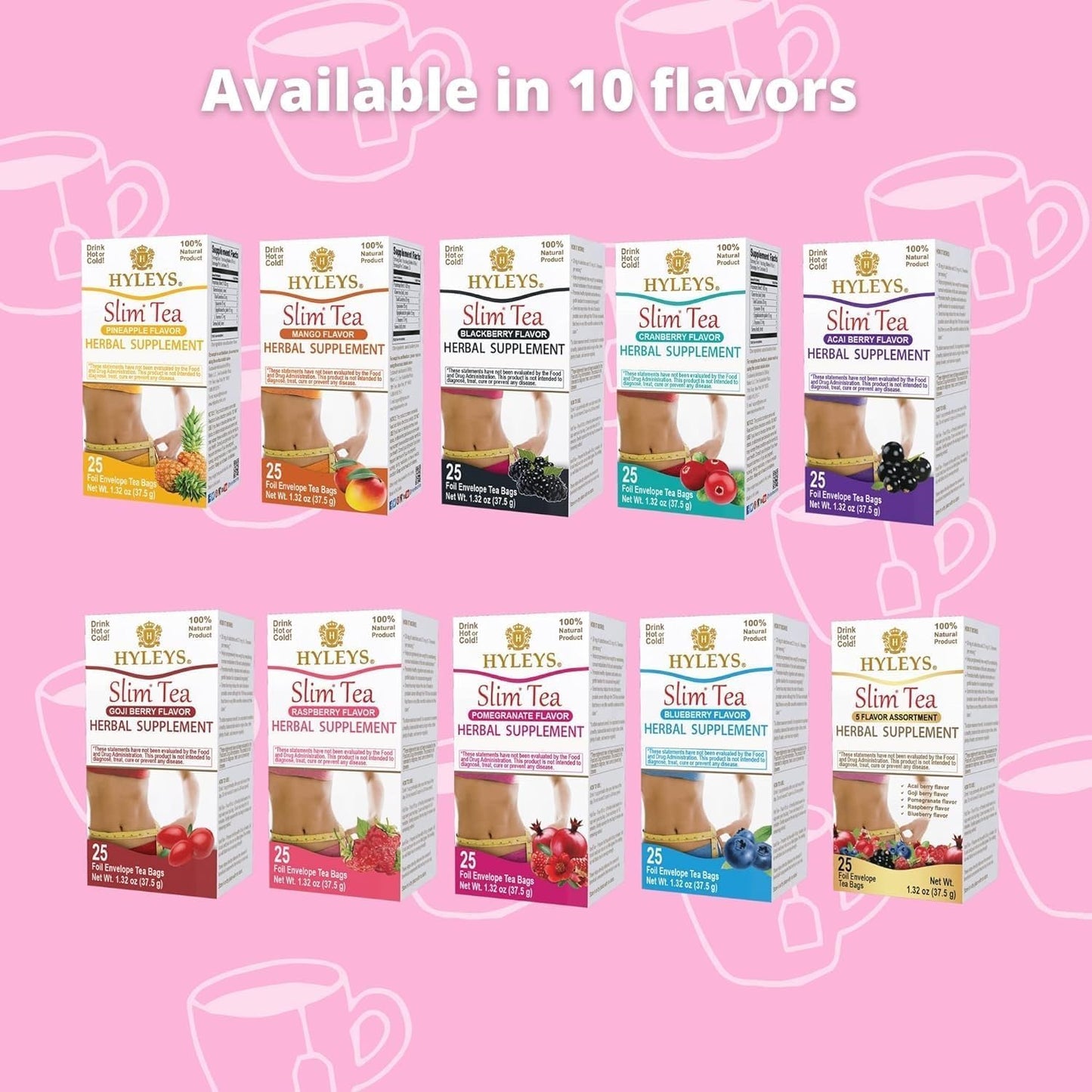Hyleys Slim Tea Variety Pack - 6 Flavors Including 5 Flavor Assortment, Pomegranate, Mango, Goji Berry, Acai Berry, and Pineapple - 150 Tea Bags