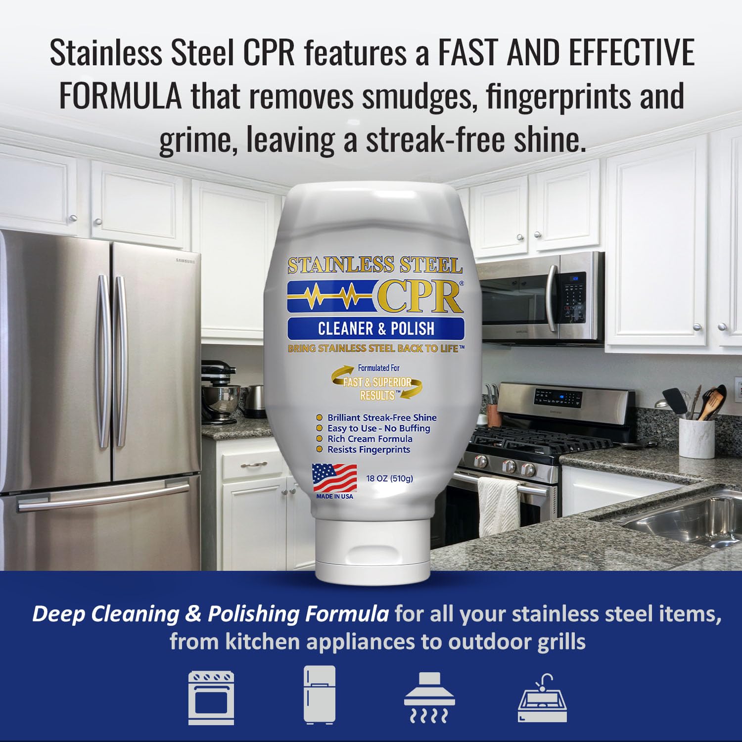 Stainless Steel CPR 18oz- 2-in-1 Kitchen Stainless Steel Cleaner and Polish for Appliances- Cleaner Removes Fingerprints, Water Marks and Grease