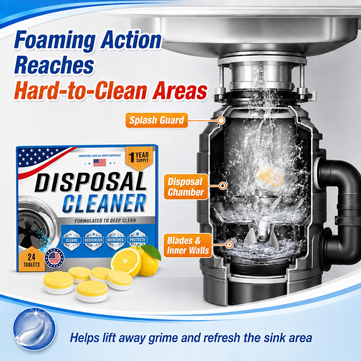 Garbage Disposal Cleaner Deodorizer Tablets, 24 Pack Foaming Disposal Cleaner Tablets, Sink Disposal Cleaner Garbage Disposal Freshener, Citrus