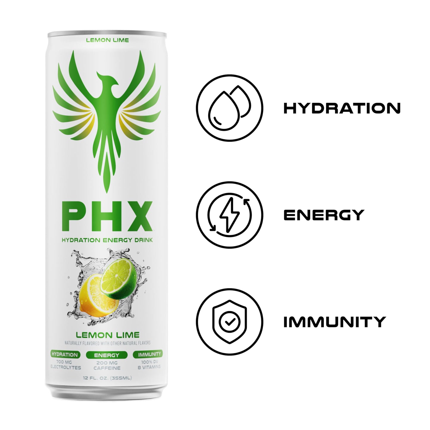 PHX Hydration Energy Drink - 700mg Electrolytes, 200mg Natural Green Tea Caffeine, 100% Daily Value 8 Essential Vitamins - 12 oz Cans (12 Pack) (12