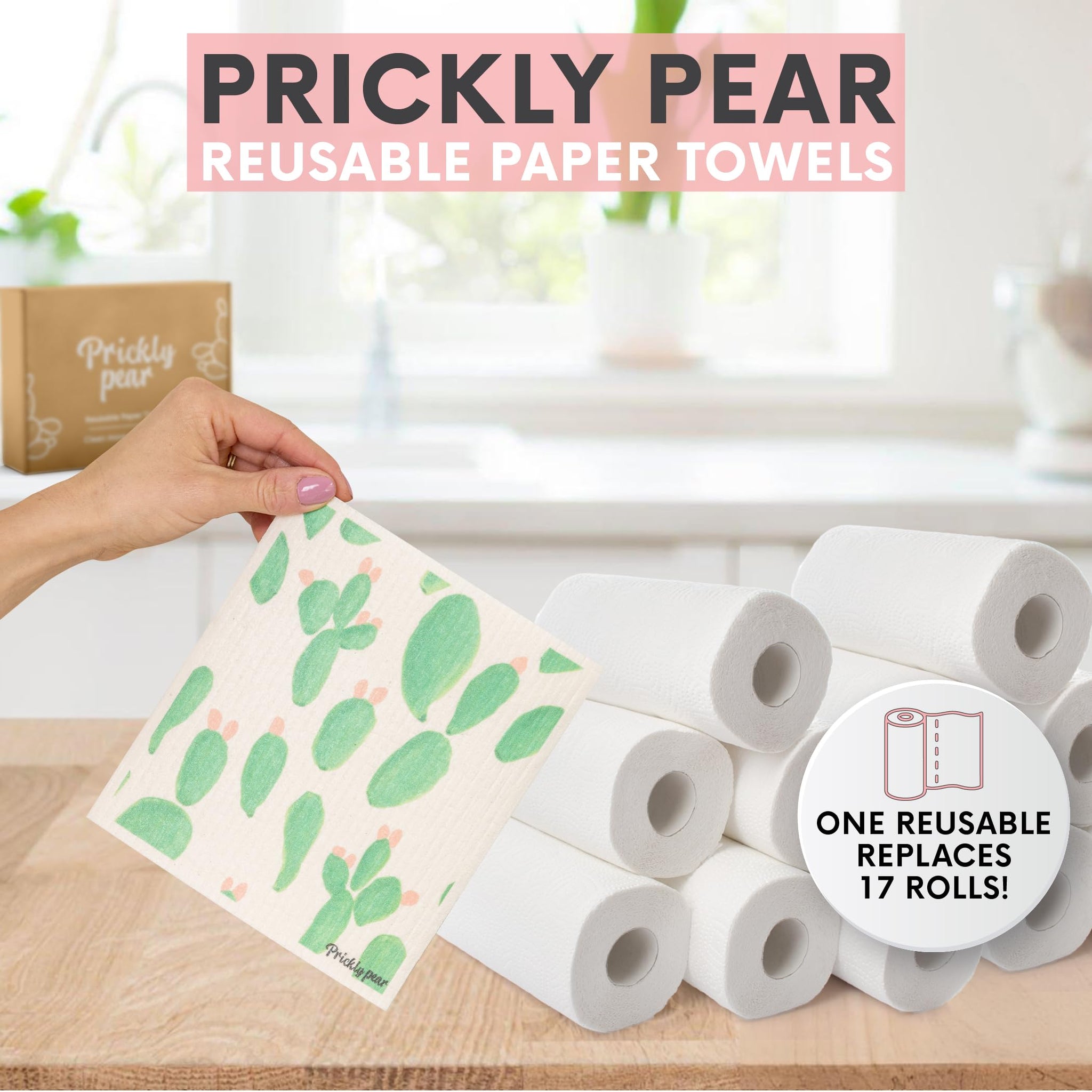 Prickly Pear Reusable Paper Towels Washable - 3 Pack Wash Cloths Kitchen with Hanging Clips | Thick and Super Absorbent Kitchen Cloths for Cleaning