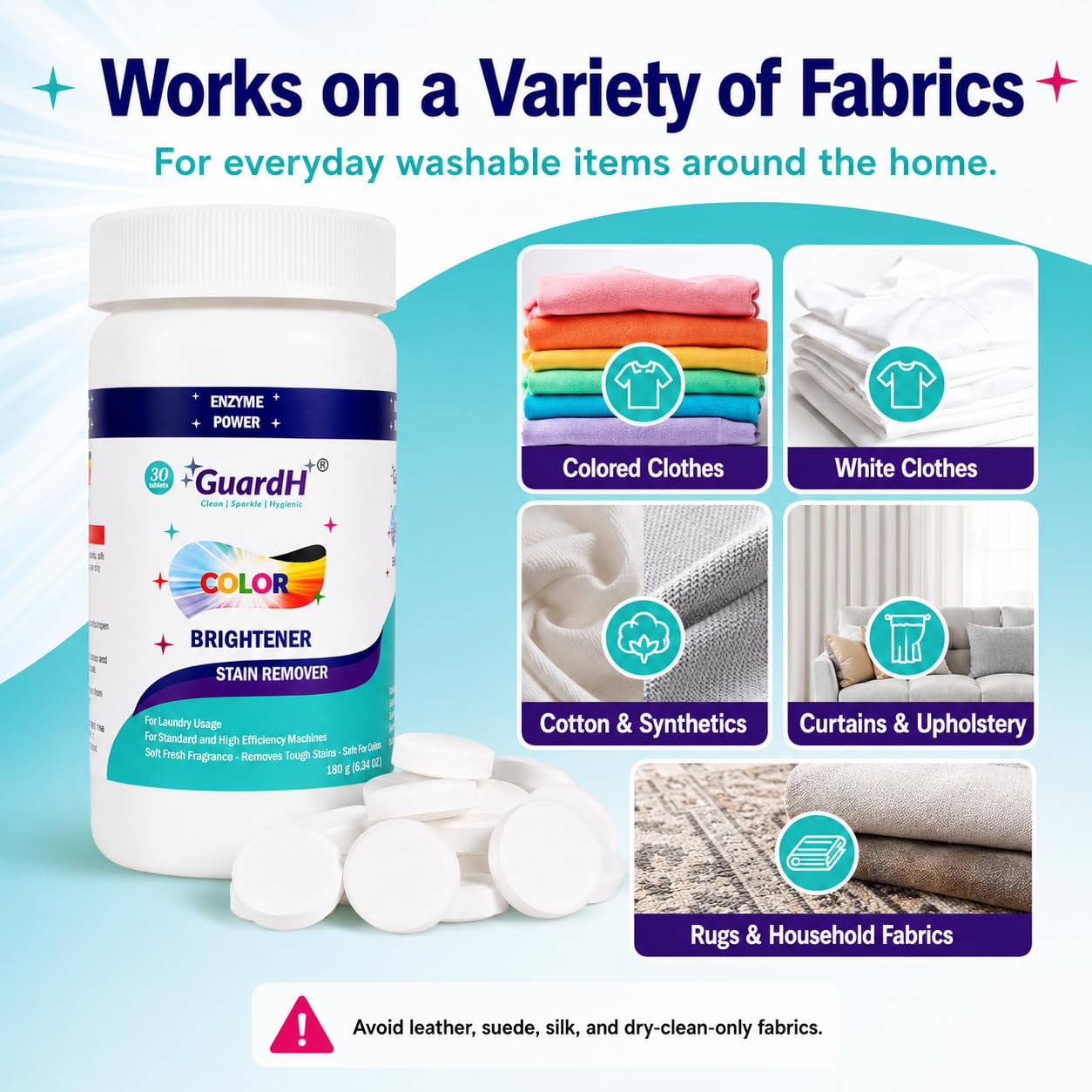 GuardH Laundry Stain Remover & Color Booster Tablets - Brightens Clothes, Removes Tough Stains, No Bleach - 30 Enzyme Tablets for Colorful Loads