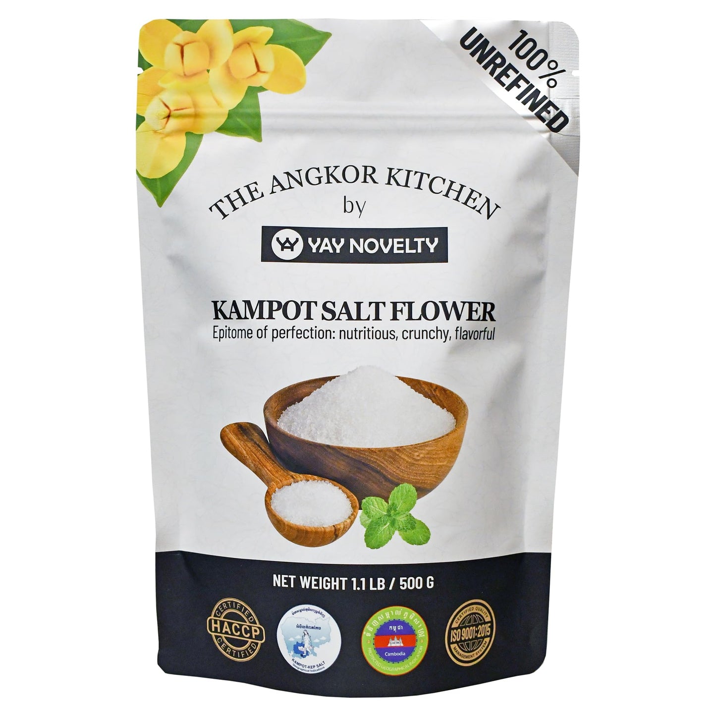 Kampot Sea Salt Flower/Fleur De Sel - Mineral-Rich Artisanal Sea Salt: Nutritious, Crunchy, and Flavorful - Hand-Harvested & Processed - 1.1 LB / 500g