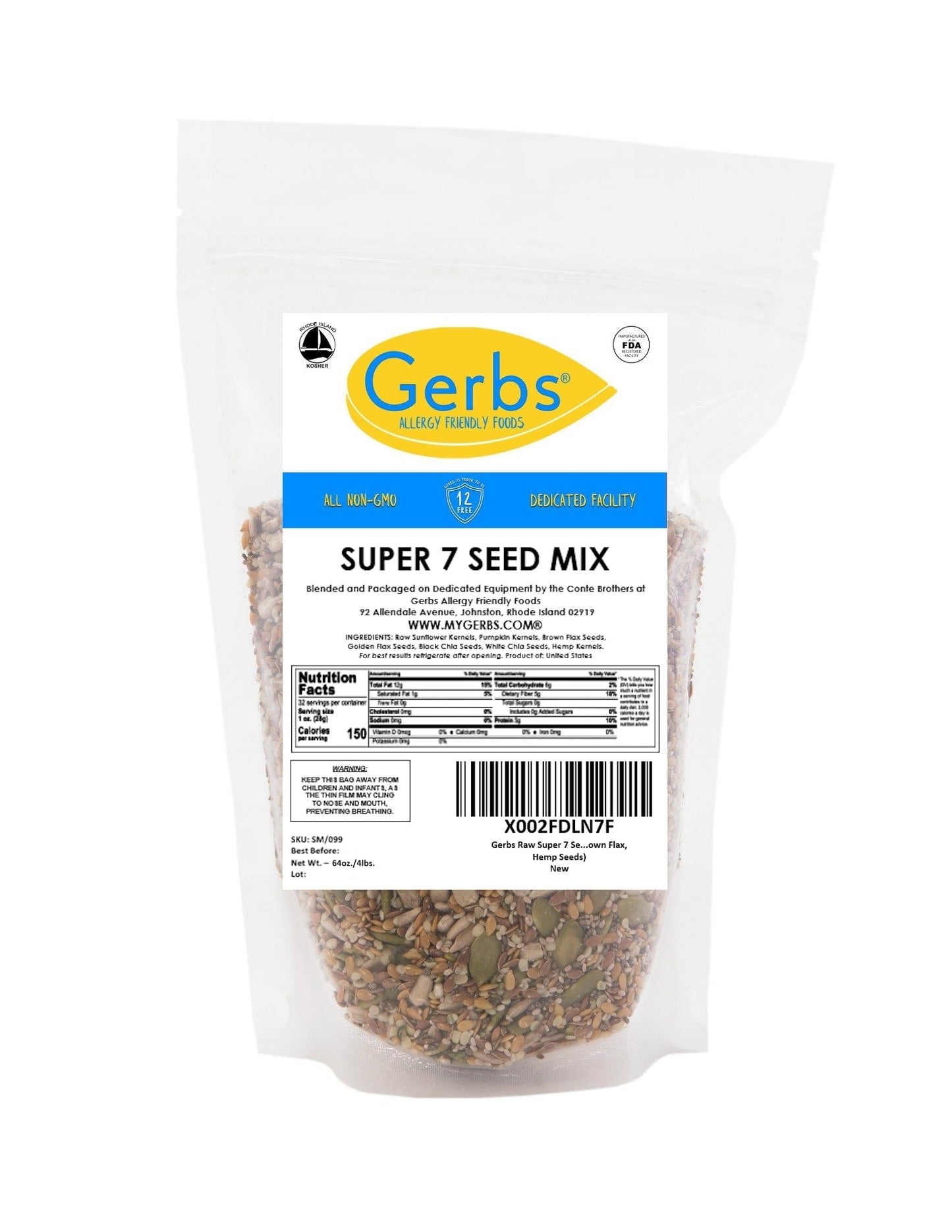 Gerbs Super 7 Seed Snack Mix 4 lbs. | Raw, No Artificial Additives, Resealable Bag | Crunchy Pumpkin, Sunflower, Brown & Golden Flax, Black & White