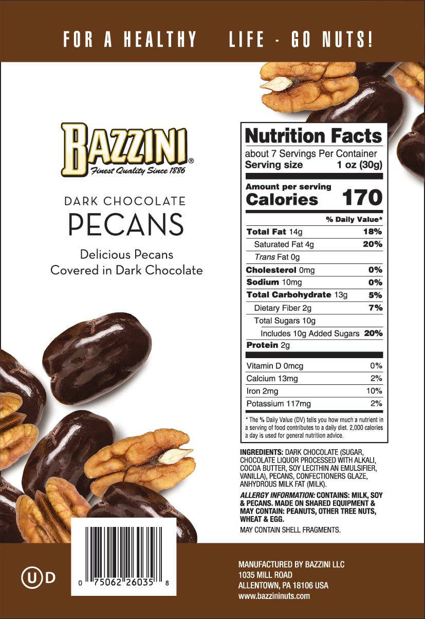 Bazzini Dark Chocolate Pecans, Gourmet Pecans Coated in Rich Dark Chocolate, Kosher, Since 1886 Gourmet Nut Snack, Made in USA (7oz Pouch)