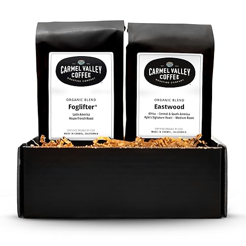 Carmel Valley Coffee Roasting Signature Icons Gift Box, Organic Whole Bean Coffee Gift Set Featuring Foglifter® French Dark Roast & Eastwood Medium