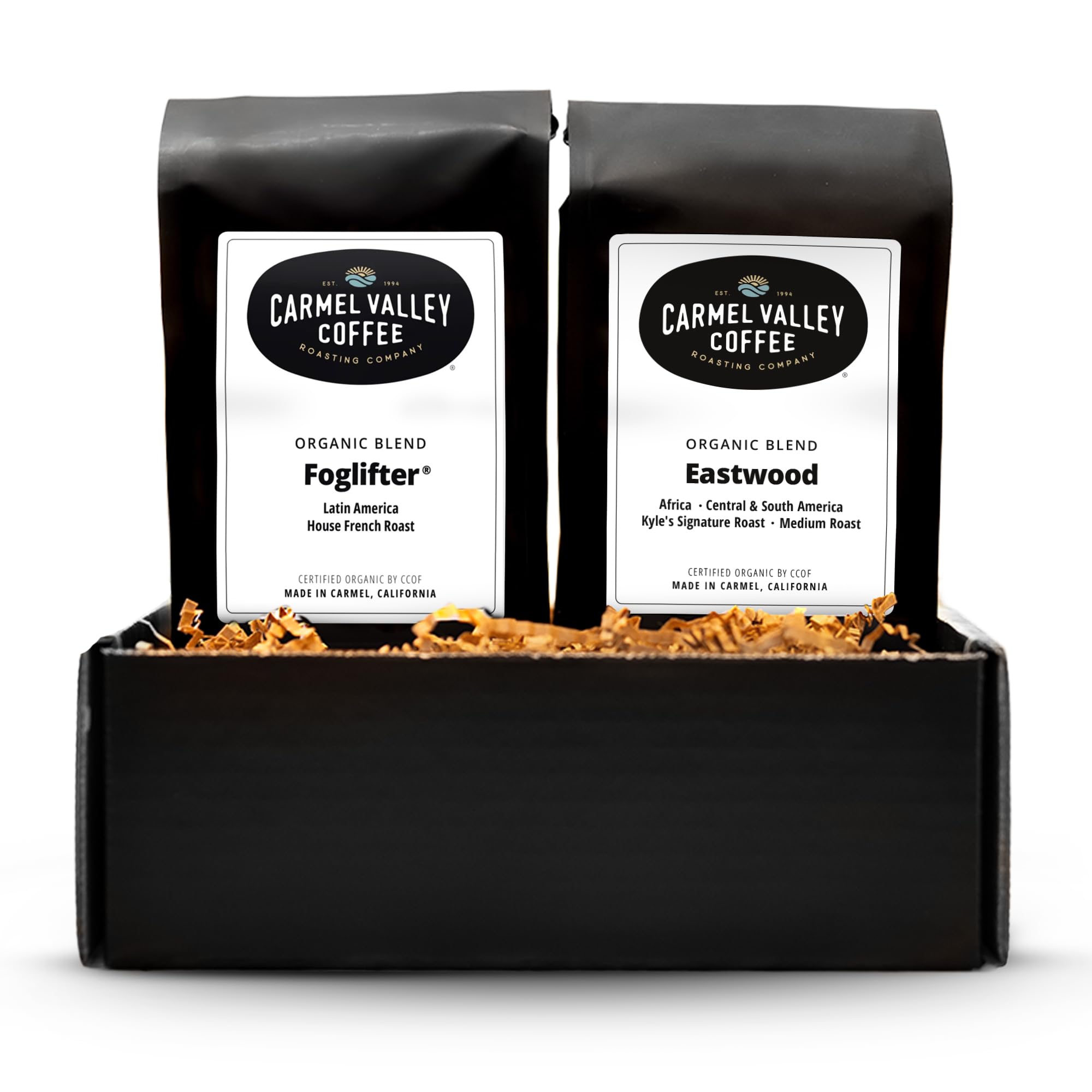 Carmel Valley Coffee Roasting Signature Icons Gift Box, Organic Whole Bean Coffee Gift Set Featuring Foglifter® French Dark Roast & Eastwood Medium