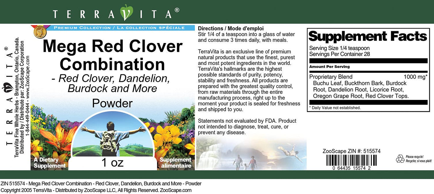 Mega Red Clover Combination - Red Clover, Dandelion, Burdock and More - Powder (1 oz, ZIN: 515574)
