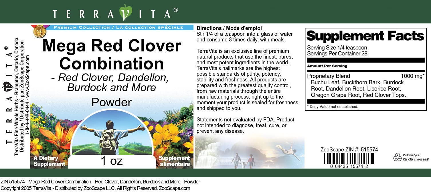 Mega Red Clover Combination - Red Clover, Dandelion, Burdock and More - Powder (1 oz, ZIN: 515574)