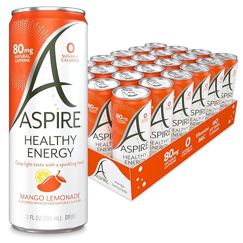 ASPIRE® Mango Lemonade, Healthy Energy Drink 80mg Natural Caffeine, Zero Sugar No Carbs Keto Friendly, 24 Pack Green Tea Sugar Free Drink Low Caffeine