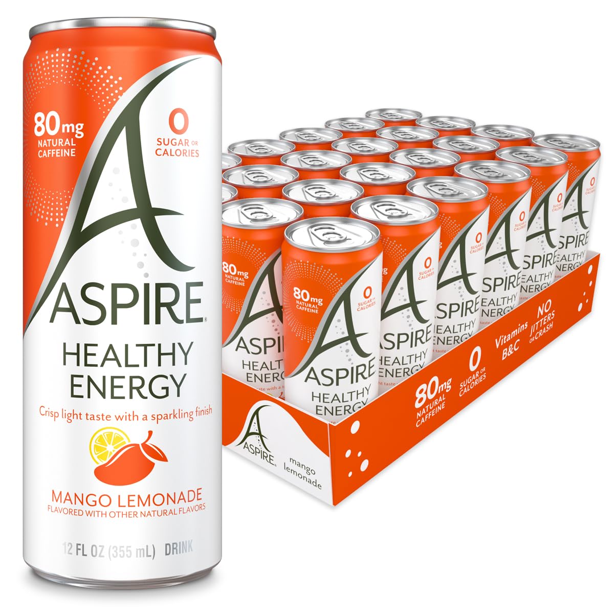 ASPIRE® Mango Lemonade, Healthy Energy Drink 80mg Natural Caffeine, Zero Sugar No Carbs Keto Friendly, 24 Pack Green Tea Sugar Free Drink Low Caffeine