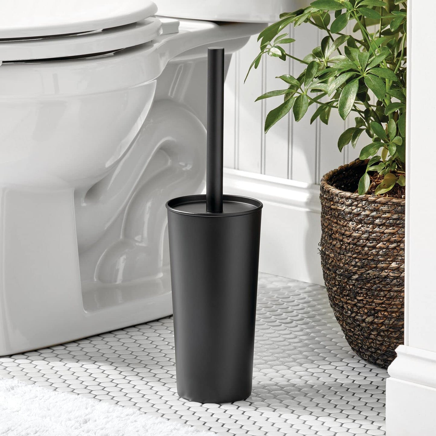 mDesign Metal Freestanding Slim Toilet Bowl Brush and Holder + Rectangle Narrow 5 Liter / 1.3 Gallon Step Pedal Trash Can Wastebasket for Bathroom