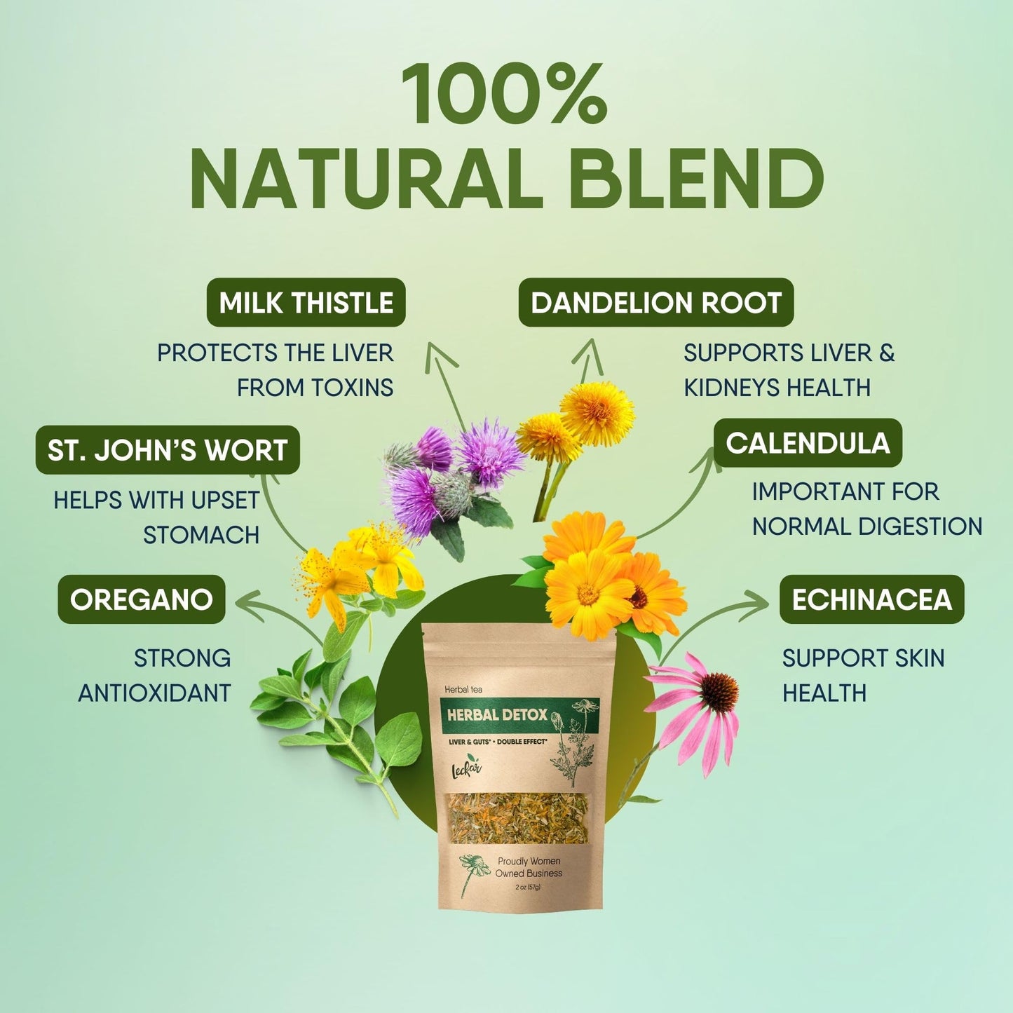 Leckar Herbal Detox Tea Blend with Dandelion Root Calendula Echinacea Oregano St. John's Wort Milk Thistle Kidney & Liver Health (Herbal Tea)