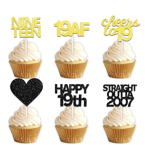 18pcs Black Gold Glitter Dessert Cupcake Pick for Straight Outta 2007 Cheer to 19 Years Old Theme Decor Supplies Happy 19th Birthday Party Decoration