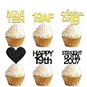 18pcs Black Gold Glitter Dessert Cupcake Pick for Straight Outta 2007 Cheer to 19 Years Old Theme Decor Supplies Happy 19th Birthday Party Decoration