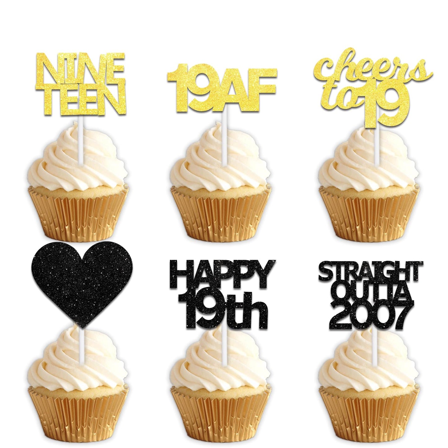 18pcs Black Gold Glitter Dessert Cupcake Pick for Straight Outta 2007 Cheer to 19 Years Old Theme Decor Supplies Happy 19th Birthday Party Decoration