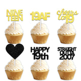18pcs Black Gold Glitter Dessert Cupcake Pick for Straight Outta 2007 Cheer to 19 Years Old Theme Decor Supplies Happy 19th Birthday Party Decoration