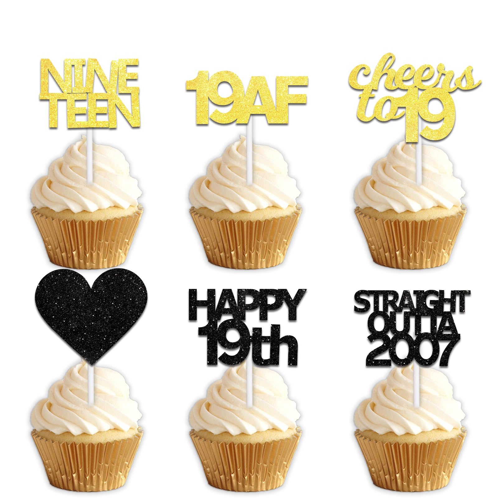 18pcs Black Gold Glitter Dessert Cupcake Pick for Straight Outta 2007 Cheer to 19 Years Old Theme Decor Supplies Happy 19th Birthday Party Decoration