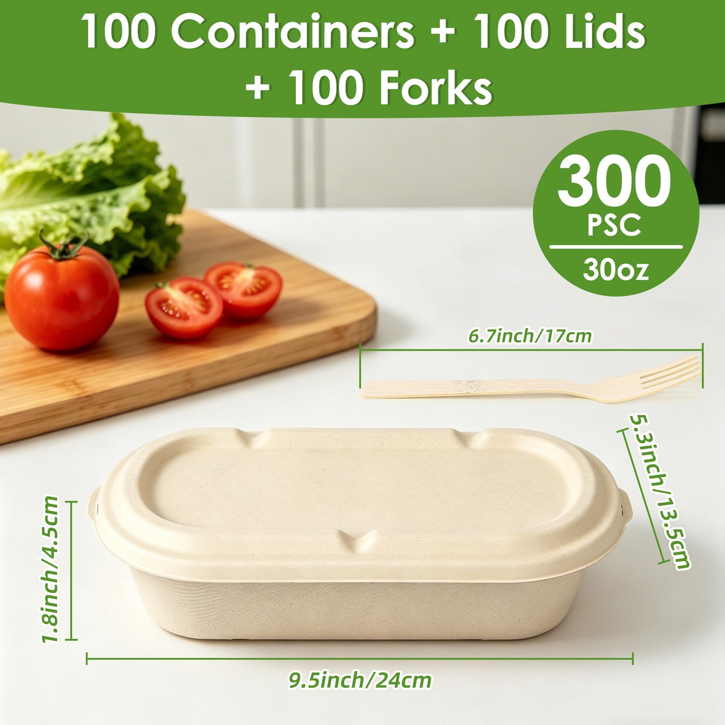 FEHHTO 100-Pack 30oz Disposable Meal Prep Containers with Lids, Sugarcane Pulp Compostable Food Containers + 100 Bamboo Forks, To-Go Food Containers