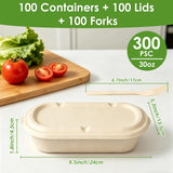 FEHHTO 100-Pack 30oz Disposable Meal Prep Containers with Lids, Sugarcane Pulp Compostable Food Containers + 100 Bamboo Forks, To-Go Food Containers